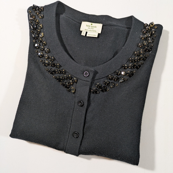 Kate Spade Black Rhinestone Collar Cardigan Cotton Silk Size Large - Picture 6 of 11